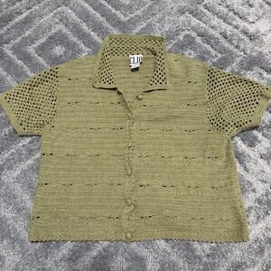 Vtg 90s Clio Green Ramie Cotton Crochet Button Cardigan Sweater Short Sleeve L